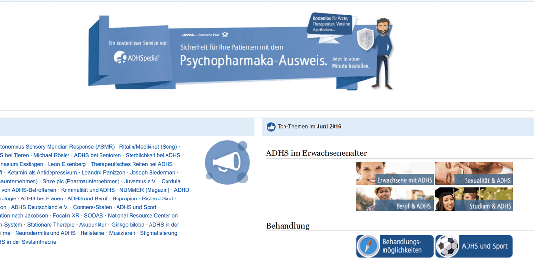 Bildschirmfoto der ADHSpedia-Seite von 2016 mit dem Werbebanner für den kostenlosen Psychopharmaka-Ausweis