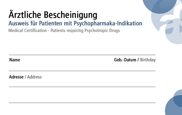 Vorderseite des ADHS-Ausweises von 2015 mit der Aufschrift Ärztliche Bescheinigung – Ausweis für Patienten mit Psychopharmaka-Indikation